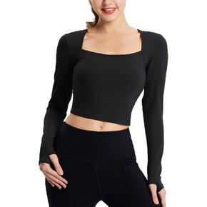 BALEAF Womens Long Sleeve Cropped Top Square Neck Workout Tops Slim Fit Lightweight Crop Shirts for Athletic Yoga Going Out