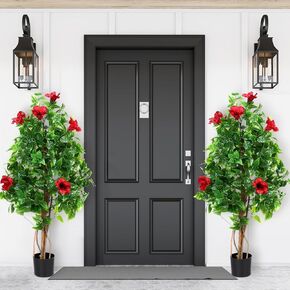 Riceshoot 2 Pcs 4' Hibiscus Artificial Tree 4ft Faux Artificial Plant Green Outdoor Fake Tree with Red Flowers for Front Porch Office Home Indoor Outdoor Decor