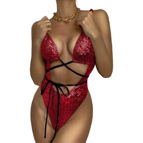 Women's Holographic Metallic Snakeskin Print Swimsuit Sexy Backless Cross Wrap One Piece Bathing Suit Rave Outfit