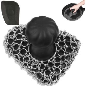 Cast Iron Scrubber with Handle | Dish Metal Scrubber | 316 Cast Iron Cleaner Chainmail Scrubber for Cast Iron Pan Skillet- Iron Scrub Brush Steel Wool Scrubber Cleaning Kit (1 Scrub + 1 Scraper)