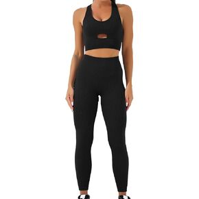 Women Workout Sets Ribbed Keyhole Tank Top Bra High Waist Yoga Butt Lifting leggings 2 Pieces Outfits Gym Clothes