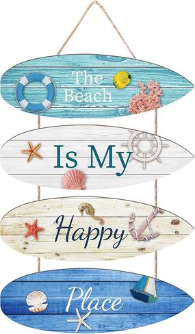 Beach Wall Decor Beach is My Happy Place Beach Decorations for Home Beach Themed Nautical Surfboard Wall Sign Beach Decor Ocean Theme Wall Signs Hanging Ornament for Bathroom, Bedroom, Living Room in Saudi Arabia