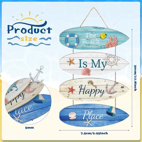 Beach Wall Decor Beach is My Happy Place Beach Decorations for Home Beach Themed Nautical Surfboard Wall Sign Beach Decor Ocean Theme Wall Signs Hanging Ornament for Bathroom, Bedroom, Living Room in Saudi Arabia
