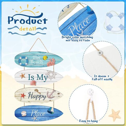 Beach Wall Decor Beach is My Happy Place Beach Decorations for Home Beach Themed Nautical Surfboard Wall Sign Beach Decor Ocean Theme Wall Signs Hanging Ornament for Bathroom, Bedroom, Living Room in Saudi Arabia