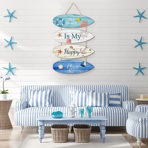 Beach Wall Decor Beach is My Happy Place Beach Decorations for Home Beach Themed Nautical Surfboard Wall Sign Beach Decor Ocean Theme Wall Signs Hanging Ornament for Bathroom, Bedroom, Living Room in Saudi Arabia