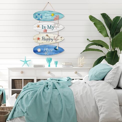 Beach Wall Decor Beach is My Happy Place Beach Decorations for Home Beach Themed Nautical Surfboard Wall Sign Beach Decor Ocean Theme Wall Signs Hanging Ornament for Bathroom, Bedroom, Living Room in Saudi Arabia