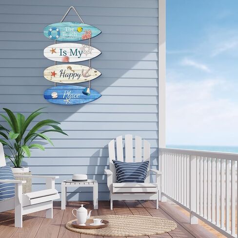 Beach Wall Decor Beach is My Happy Place Beach Decorations for Home Beach Themed Nautical Surfboard Wall Sign Beach Decor Ocean Theme Wall Signs Hanging Ornament for Bathroom, Bedroom, Living Room in Saudi Arabia