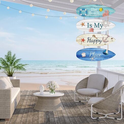 Beach Wall Decor Beach is My Happy Place Beach Decorations for Home Beach Themed Nautical Surfboard Wall Sign Beach Decor Ocean Theme Wall Signs Hanging Ornament for Bathroom, Bedroom, Living Room in Saudi Arabia