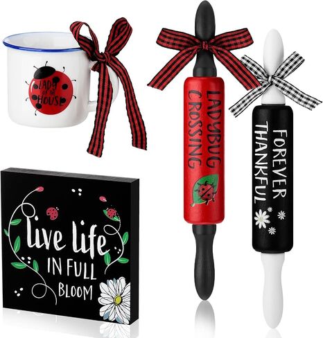 Yookeer 4 Pcs Ladybug Tiered Tray Decor Set Summer Wood Sign Rustic Red Ladybug Decor Mini Wooden Signs Decor Small Mug and Rolling Pins Rustic Table Decoration Ladybird Tiered Tray for Home Kitchen in Saudi Arabia