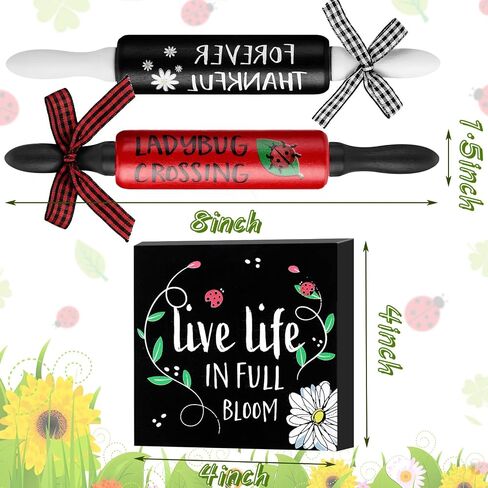 Yookeer 4 Pcs Ladybug Tiered Tray Decor Set Summer Wood Sign Rustic Red Ladybug Decor Mini Wooden Signs Decor Small Mug and Rolling Pins Rustic Table Decoration Ladybird Tiered Tray for Home Kitchen in Saudi Arabia
