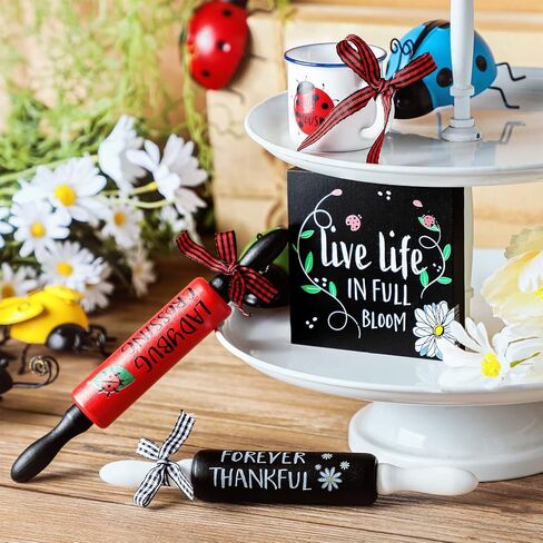 Yookeer 4 Pcs Ladybug Tiered Tray Decor Set Summer Wood Sign Rustic Red Ladybug Decor Mini Wooden Signs Decor Small Mug and Rolling Pins Rustic Table Decoration Ladybird Tiered Tray for Home Kitchen in Saudi Arabia