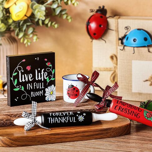Yookeer 4 Pcs Ladybug Tiered Tray Decor Set Summer Wood Sign Rustic Red Ladybug Decor Mini Wooden Signs Decor Small Mug and Rolling Pins Rustic Table Decoration Ladybird Tiered Tray for Home Kitchen in Saudi Arabia