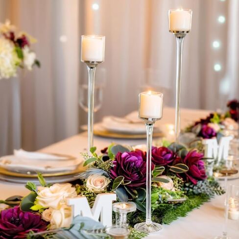 حامل شموع Tealight طويل الجذع من Koyal، مجموعة من 3 قطع، حامل شموع زجاجية بقاعدة للشاي، مفرش طاولة in Kuwait