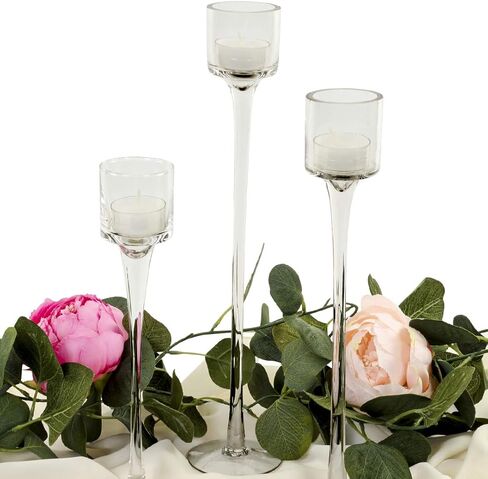 حامل شموع Tealight طويل الجذع من Koyal، مجموعة من 3 قطع، حامل شموع زجاجية بقاعدة للشاي، مفرش طاولة in Kuwait