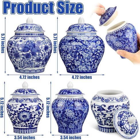 Hushee Set of 4 Blue and White Vase Chinoiserie Ginger Jar Vase Porcelain Blue Flower Vase 2 Size Ceramic Ginger Jars with Lid for Home Bedroom Living Room Console Tabletop Decor in Kuwait