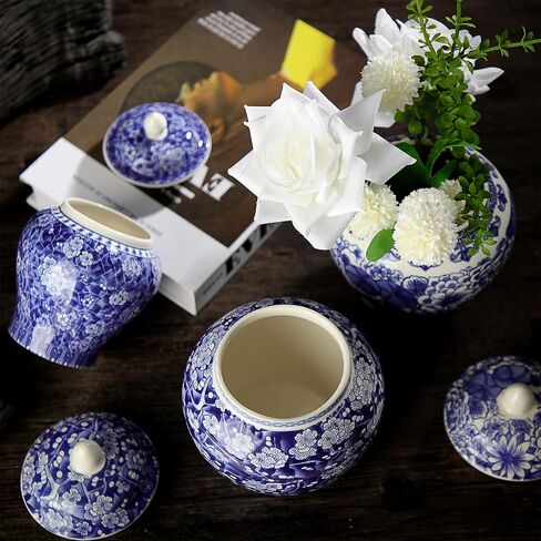 Hushee Set of 4 Blue and White Vase Chinoiserie Ginger Jar Vase Porcelain Blue Flower Vase 2 Size Ceramic Ginger Jars with Lid for Home Bedroom Living Room Console Tabletop Decor in Kuwait