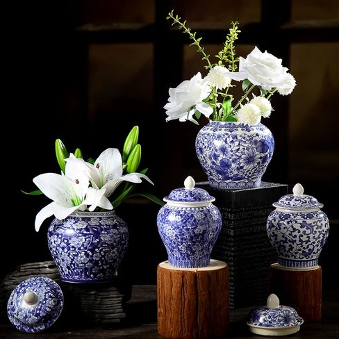 Hushee Set of 4 Blue and White Vase Chinoiserie Ginger Jar Vase Porcelain Blue Flower Vase 2 Size Ceramic Ginger Jars with Lid for Home Bedroom Living Room Console Tabletop Decor in Kuwait