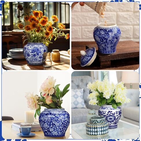 Hushee Set of 4 Blue and White Vase Chinoiserie Ginger Jar Vase Porcelain Blue Flower Vase 2 Size Ceramic Ginger Jars with Lid for Home Bedroom Living Room Console Tabletop Decor in Kuwait