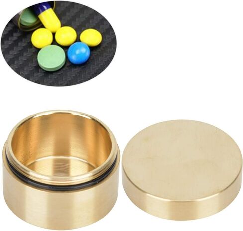 Alvinlite Portable Daily Pill Case, Brass Round Small Pill Box, Waterproof Metal Jewelry Pill Organizer Medicine Vitamin Holder Container with Lid for Outdoor Travel Working(M) in Kuwait