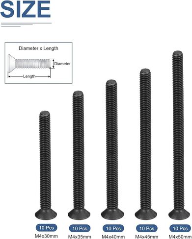 50Pcs M4 x 30mm /35mm /40mm /45mm /50mm Flat Head Hex Socket Cap Screws Bolts Kit, Carbon Steel Black Oxide, Full Thread, Countersunk Bolts in Saudi Arabia