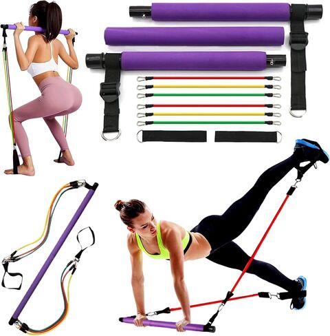 Multifunctional Pilates Bar Kit with Resistance Bands - 6 Resistance Bands (15, 20, 25 LB) Portable Gym Equipment - Home, Office & Travel Workout Equipment for Women and Men in Saudi Arabia
