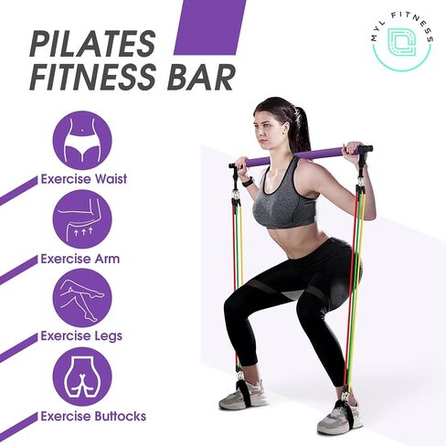 Multifunctional Pilates Bar Kit with Resistance Bands - 6 Resistance Bands (15, 20, 25 LB) Portable Gym Equipment - Home, Office & Travel Workout Equipment for Women and Men in Saudi Arabia