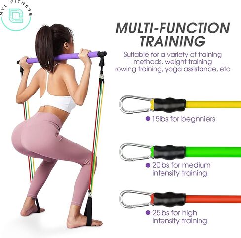 Multifunctional Pilates Bar Kit with Resistance Bands - 6 Resistance Bands (15, 20, 25 LB) Portable Gym Equipment - Home, Office & Travel Workout Equipment for Women and Men in Saudi Arabia