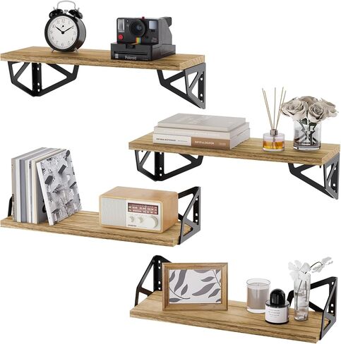 مجموعة أرفف عائمة من AMADA HOMEFURNISHING مكونة من 4، أرفف حائط للتخزين وديكور الحائط، أرفف كتب مثبتة على الحائط مع دعامة معدنية، خشب ريفي in Kuwait