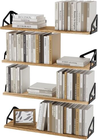 مجموعة أرفف عائمة من AMADA HOMEFURNISHING مكونة من 4، أرفف حائط للتخزين وديكور الحائط، أرفف كتب مثبتة على الحائط مع دعامة معدنية، خشب ريفي in Kuwait