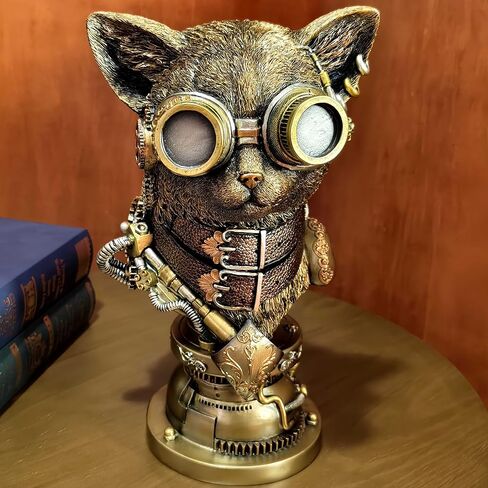 تمثال Mecha Cat تمثال Steampunk Cat تمثال نصفي فني على الطاولة تمثال مكتب غرفة الدراسة زخرفة زخرفية مجموعة منحوتات الحيوانات تمثال رجل كهف 13 بوصة ارتفاع in Kuwait