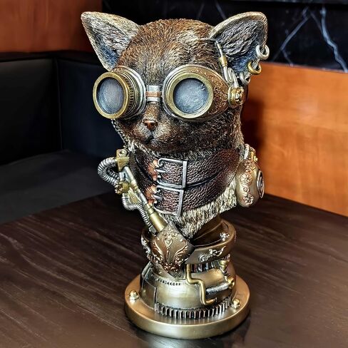 تمثال Mecha Cat تمثال Steampunk Cat تمثال نصفي فني على الطاولة تمثال مكتب غرفة الدراسة زخرفة زخرفية مجموعة منحوتات الحيوانات تمثال رجل كهف 13 بوصة ارتفاع in Kuwait