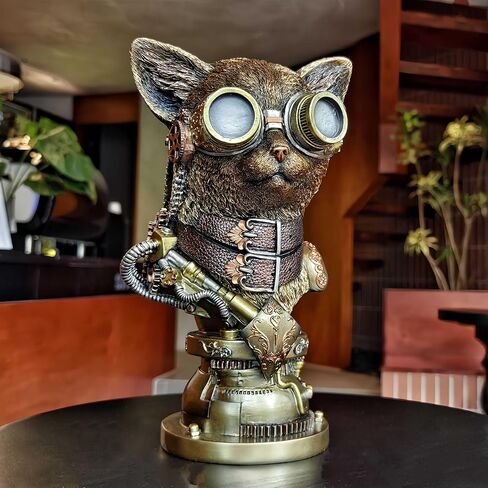 تمثال Mecha Cat تمثال Steampunk Cat تمثال نصفي فني على الطاولة تمثال مكتب غرفة الدراسة زخرفة زخرفية مجموعة منحوتات الحيوانات تمثال رجل كهف 13 بوصة ارتفاع in Kuwait