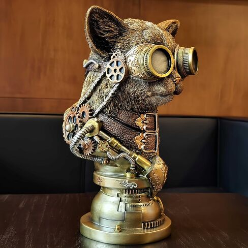 تمثال Mecha Cat تمثال Steampunk Cat تمثال نصفي فني على الطاولة تمثال مكتب غرفة الدراسة زخرفة زخرفية مجموعة منحوتات الحيوانات تمثال رجل كهف 13 بوصة ارتفاع in Kuwait
