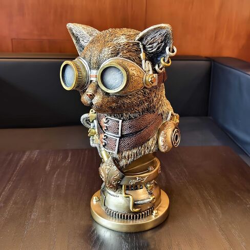 تمثال Mecha Cat تمثال Steampunk Cat تمثال نصفي فني على الطاولة تمثال مكتب غرفة الدراسة زخرفة زخرفية مجموعة منحوتات الحيوانات تمثال رجل كهف 13 بوصة ارتفاع in Kuwait