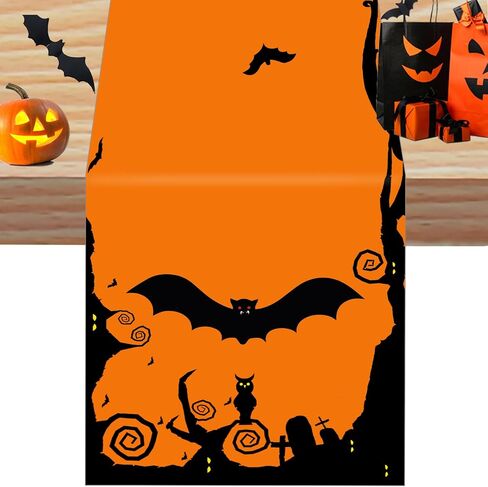 Halloween Table Runner Bat Castle Cat Tree Orange Table Runner Halloween Holiday Kitchen Dining Table Decorations Suitable for Home Indoor and Outdoor Party Decor 13*72 Inch (Oxford Cloth, 13*72) in Saudi Arabia