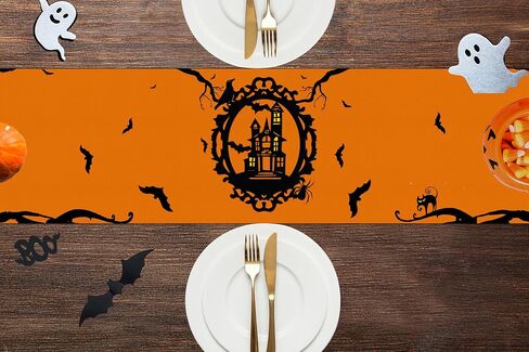 Halloween Table Runner Bat Castle Cat Tree Orange Table Runner Halloween Holiday Kitchen Dining Table Decorations Suitable for Home Indoor and Outdoor Party Decor 13*72 Inch (Oxford Cloth, 13*72) in Saudi Arabia
