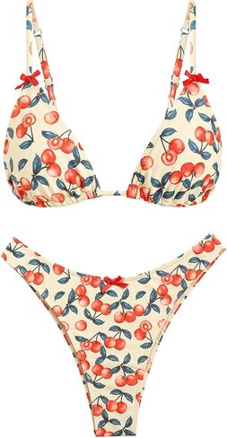 Women's Bikini Sets Tie Back Bowknot Two Piece Swimsuits Triangle Thong Bathing Suit Gingham Floral Cherry Printing in Saudi Arabia