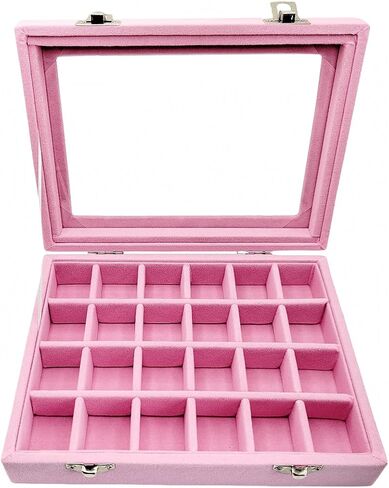 24 Grid Velvet Glass Jewelry Box Organizer Rings Earrings Tray Display Storage Case for Women Girls (Pink) in Saudi Arabia