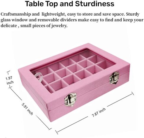 24 Grid Velvet Glass Jewelry Box Organizer Rings Earrings Tray Display Storage Case for Women Girls (Pink) in Saudi Arabia