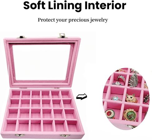 24 Grid Velvet Glass Jewelry Box Organizer Rings Earrings Tray Display Storage Case for Women Girls (Pink) in Saudi Arabia