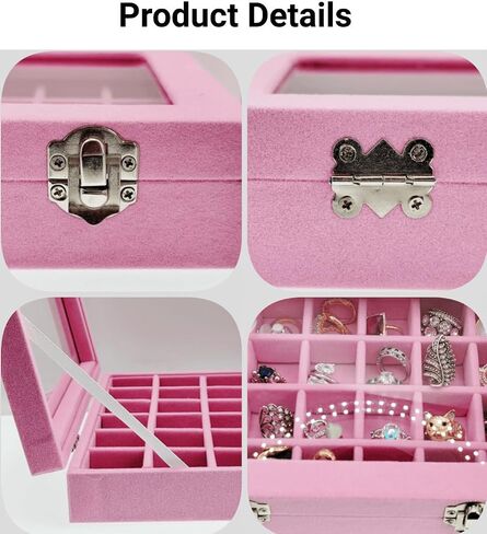 24 Grid Velvet Glass Jewelry Box Organizer Rings Earrings Tray Display Storage Case for Women Girls (Pink) in Saudi Arabia