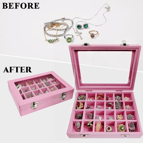 24 Grid Velvet Glass Jewelry Box Organizer Rings Earrings Tray Display Storage Case for Women Girls (Pink) in Saudi Arabia