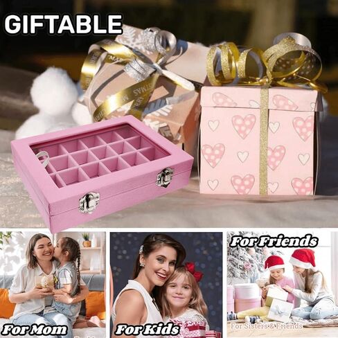 24 Grid Velvet Glass Jewelry Box Organizer Rings Earrings Tray Display Storage Case for Women Girls (Pink) in Saudi Arabia