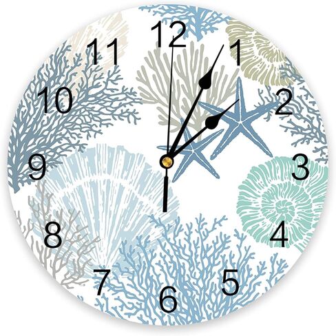 Nautical Coastal Ocean Coral PVC Wall Clock Silent Non-Ticking Battery Operated Clocks, Teal Blue Round Clock for Home Living Room Office Kitchen Bedroom Bathroom Wall Decor 10 Inch Beach Starfish in Saudi Arabia
