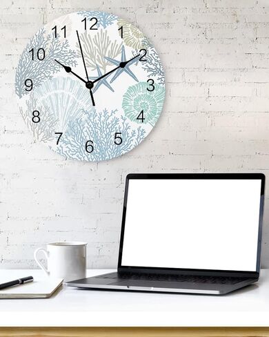 Nautical Coastal Ocean Coral PVC Wall Clock Silent Non-Ticking Battery Operated Clocks, Teal Blue Round Clock for Home Living Room Office Kitchen Bedroom Bathroom Wall Decor 10 Inch Beach Starfish in Saudi Arabia