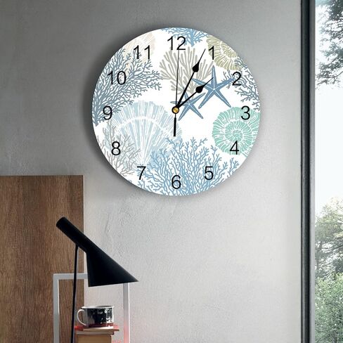 Nautical Coastal Ocean Coral PVC Wall Clock Silent Non-Ticking Battery Operated Clocks, Teal Blue Round Clock for Home Living Room Office Kitchen Bedroom Bathroom Wall Decor 10 Inch Beach Starfish in Saudi Arabia