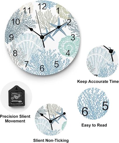 Nautical Coastal Ocean Coral PVC Wall Clock Silent Non-Ticking Battery Operated Clocks, Teal Blue Round Clock for Home Living Room Office Kitchen Bedroom Bathroom Wall Decor 10 Inch Beach Starfish in Saudi Arabia