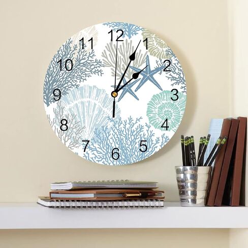 Nautical Coastal Ocean Coral PVC Wall Clock Silent Non-Ticking Battery Operated Clocks, Teal Blue Round Clock for Home Living Room Office Kitchen Bedroom Bathroom Wall Decor 10 Inch Beach Starfish in Saudi Arabia