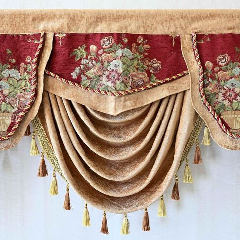 Luxury Brown Burgundy Floral Waterfall Swag Valance with Tassels for Living Room Bedroom Windows European Design Rod Pocket Top (200 cm, 1 Panel) in Saudi Arabia