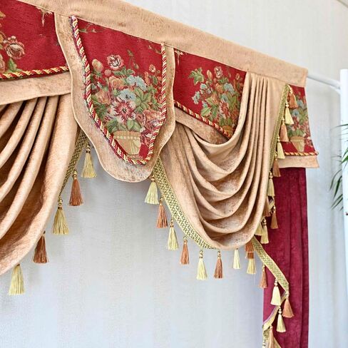 Luxury Brown Burgundy Floral Waterfall Swag Valance with Tassels for Living Room Bedroom Windows European Design Rod Pocket Top (200 cm, 1 Panel) in Saudi Arabia
